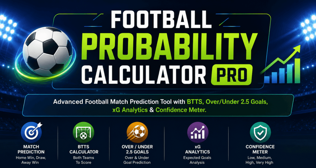 FOOTBALL PROBABILITY CALCULATOR PRO
Advanced Football Match Prediction Tool with BTTS, Over/Under 2.5 Goals, xG Analytics & Confidence Meter