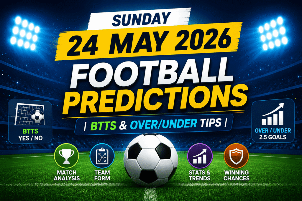 Sunday 24 May 2026 Football Predictions featured image with BTTS and Over/Under 2.5 goals analysis graphics