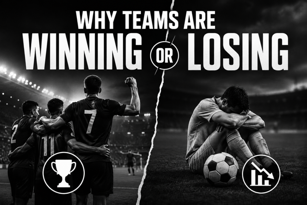 Why football teams are winning or losing analysis concept black and white dramatic soccer featured image
